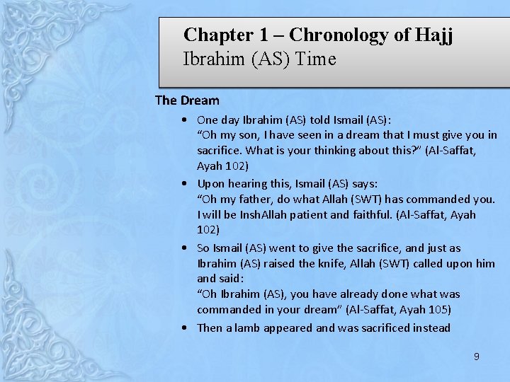 Chapter 1 – Chronology of Hajj Ibrahim (AS) Time The Dream • One day