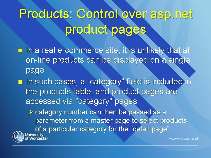 Products: Control over asp. net product pages n n In a real e-commerce site,