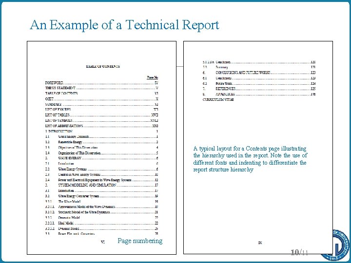 An Example of a Technical Report A typical layout for a Contents page illustrating