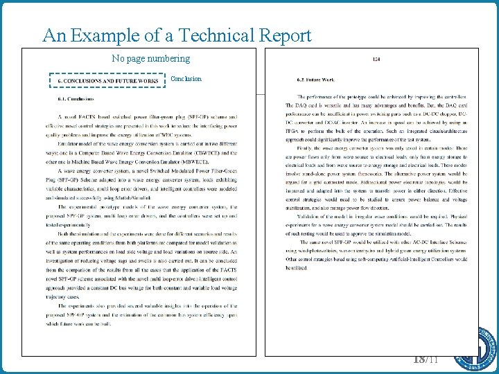 An Example of a Technical Report No page numbering Conclusion 18/11 
