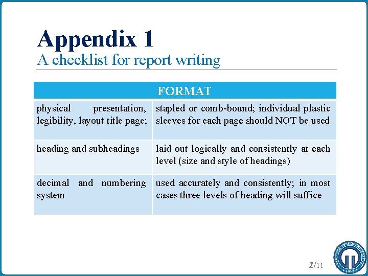 Appendix 1 A checklist for report writing FORMAT physical presentation, stapled or comb-bound; individual