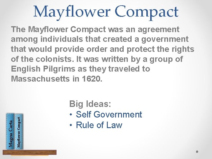 Mayflower Compact Magna Carta The Mayflower Compact was an agreement among individuals that created