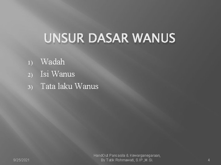 UNSUR DASAR WANUS 1) 2) 3) 9/25/2021 Wadah Isi Wanus Tata laku Wanus Hand.