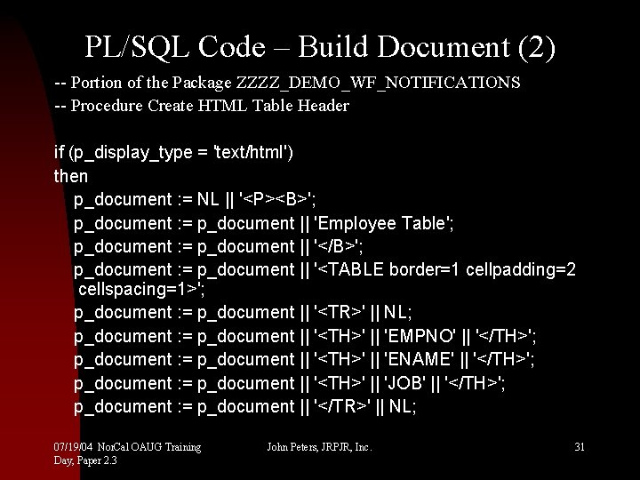 PL/SQL Code – Build Document (2) -- Portion of the Package ZZZZ_DEMO_WF_NOTIFICATIONS -- Procedure