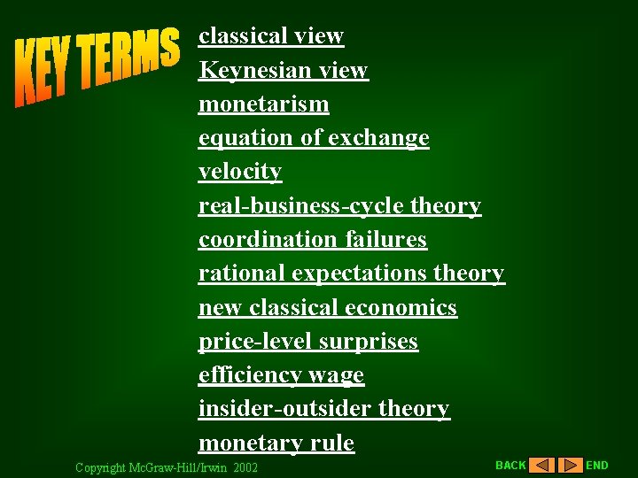 classical view Keynesian view monetarism equation of exchange velocity real-business-cycle theory coordination failures rational