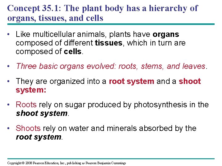 Concept 35. 1: The plant body has a hierarchy of organs, tissues, and cells