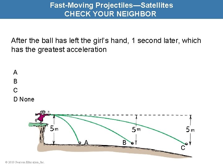 Fast-Moving Projectiles—Satellites CHECK YOUR NEIGHBOR After the ball has left the girl’s hand, 1
