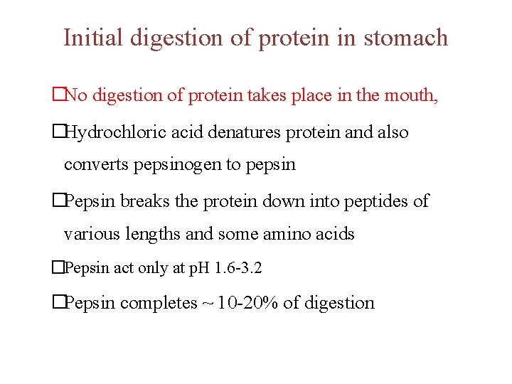 Initial digestion of protein in stomach �No digestion of protein takes place in the