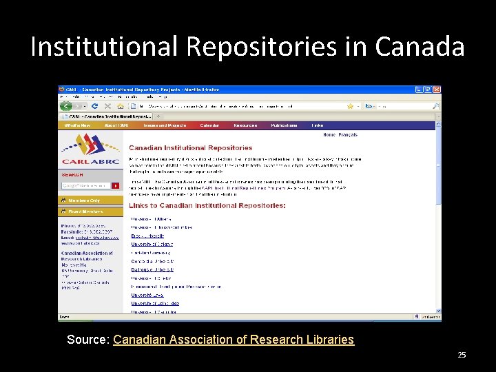 Institutional Repositories in Canada Source: Canadian Association of Research Libraries 25 