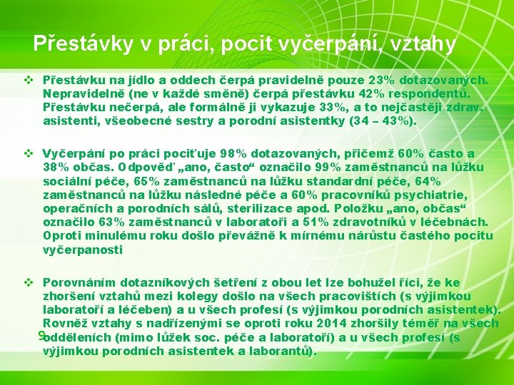 Přestávky v práci, pocit vyčerpání, vztahy v Přestávku na jídlo a oddech čerpá pravidelně