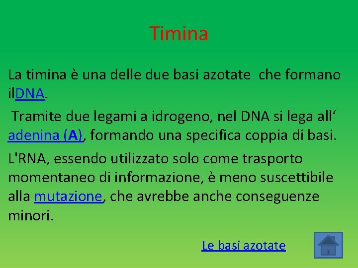 Timina La timina è una delle due basi azotate che formano il. DNA. Tramite