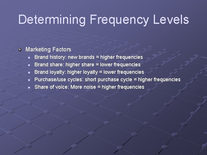 Determining Frequency Levels Marketing Factors n n n Brand history: new brands = higher Determining Frequency Levels Marketing Factors n n n Brand history: new brands = higher