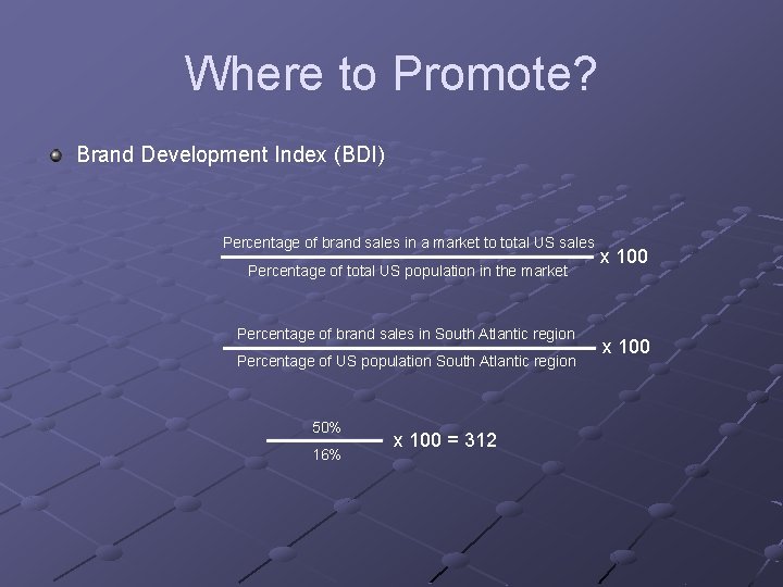 Where to Promote? Brand Development Index (BDI) Percentage of brand sales in a market Where to Promote? Brand Development Index (BDI) Percentage of brand sales in a market
