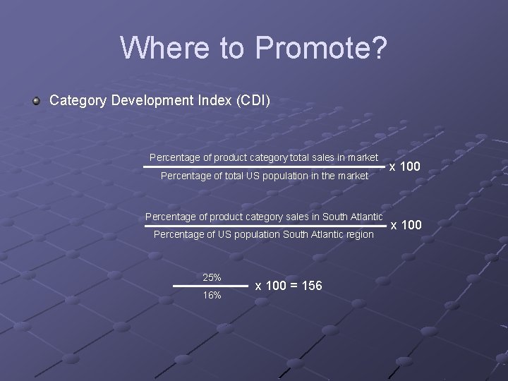 Where to Promote? Category Development Index (CDI) Percentage of product category total sales in Where to Promote? Category Development Index (CDI) Percentage of product category total sales in