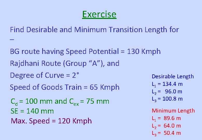 Exercise Find Desirable and Minimum Transition Length for – BG route having Speed Potential