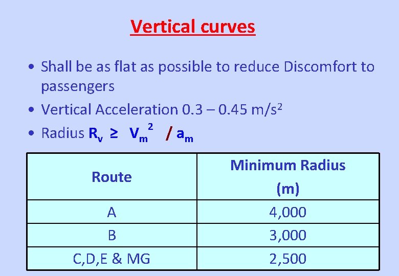 Vertical curves • Shall be as flat as possible to reduce Discomfort to passengers