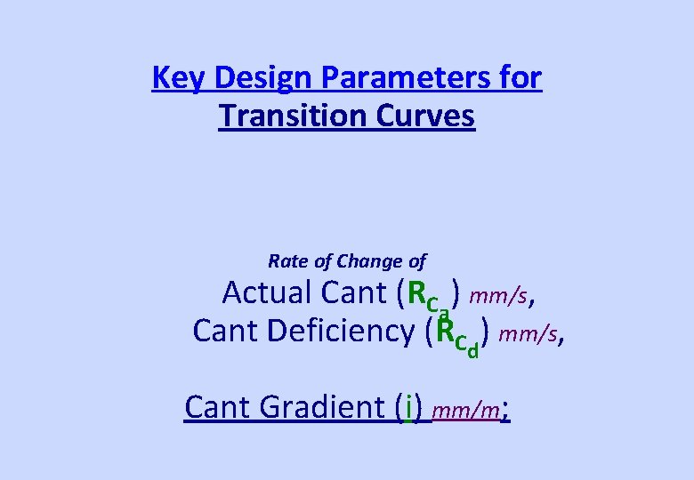 Key Design Parameters for Transition Curves Rate of Change of Actual Cant (RCa) mm/s,