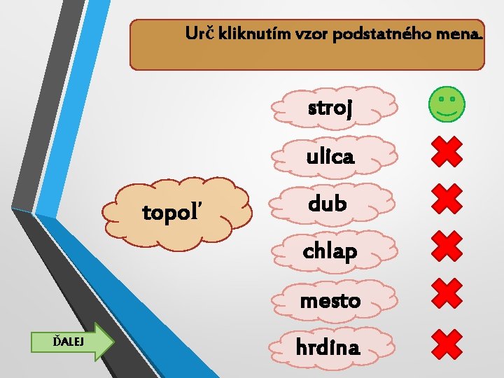 Urč kliknutím vzor podstatného mena. stroj ulica topoľ dub chlap mesto ĎALEJ hrdina 