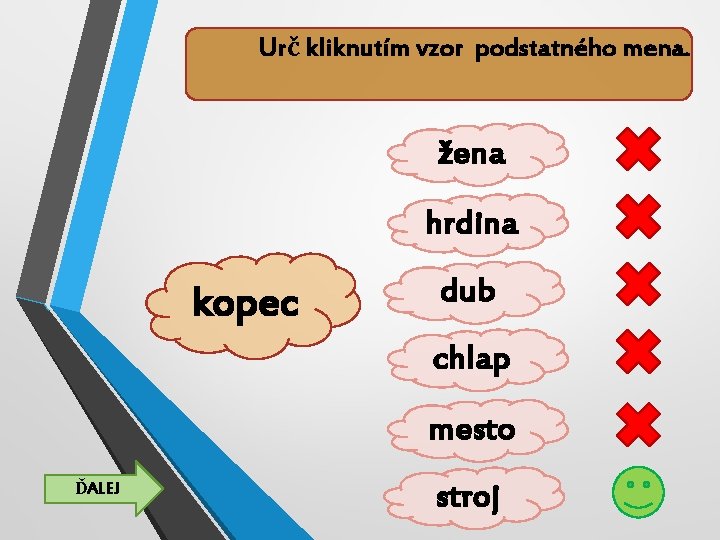 Urč kliknutím vzor podstatného mena. žena hrdina kopec dub chlap mesto ĎALEJ stroj 