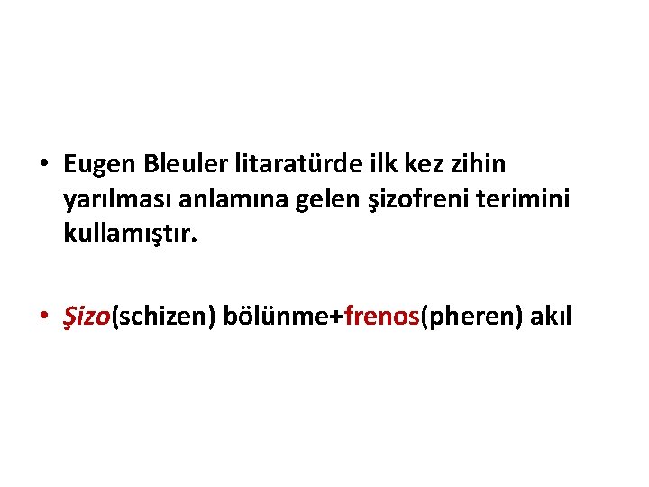  • Eugen Bleuler litaratürde ilk kez zihin yarılması anlamına gelen şizofreni terimini kullamıştır.