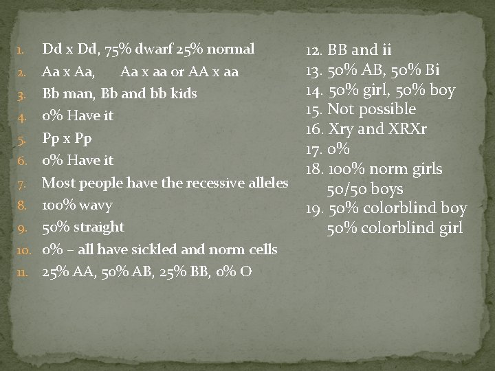 1. 2. 3. 4. 5. 6. 7. 8. 9. 10. 11. Dd x Dd, 1. 2. 3. 4. 5. 6. 7. 8. 9. 10. 11. Dd x Dd,