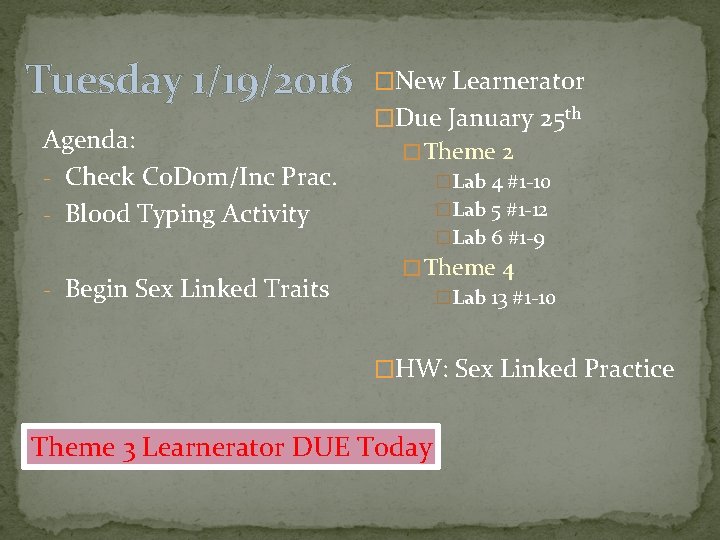 Tuesday 1/19/2016 Agenda: - Check Co. Dom/Inc Prac. - Blood Typing Activity - Begin