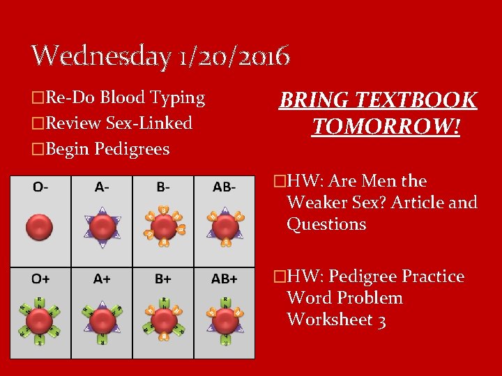 Wednesday 1/20/2016 �Re-Do Blood Typing �Review Sex-Linked �Begin Pedigrees BRING TEXTBOOK TOMORROW! �HW: Are Wednesday 1/20/2016 �Re-Do Blood Typing �Review Sex-Linked �Begin Pedigrees BRING TEXTBOOK TOMORROW! �HW: Are