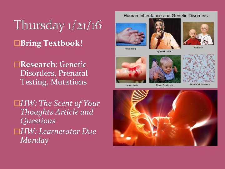 Thursday 1/21/16 �Bring Textbook! �Research: Genetic Disorders, Prenatal Testing, Mutations �HW: The Scent of Thursday 1/21/16 �Bring Textbook! �Research: Genetic Disorders, Prenatal Testing, Mutations �HW: The Scent of