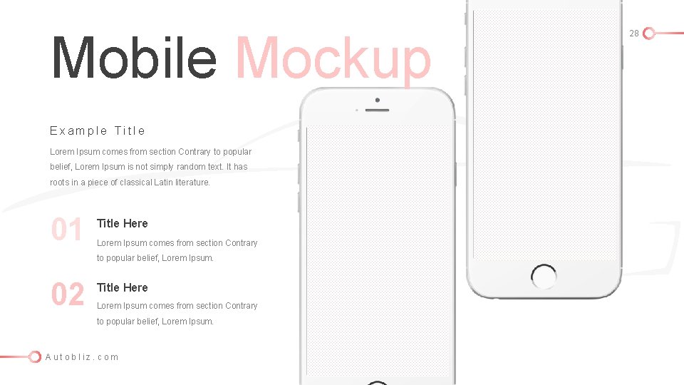 Mobile Mockup Example Title Lorem Ipsum comes from section Contrary to popular belief, Lorem