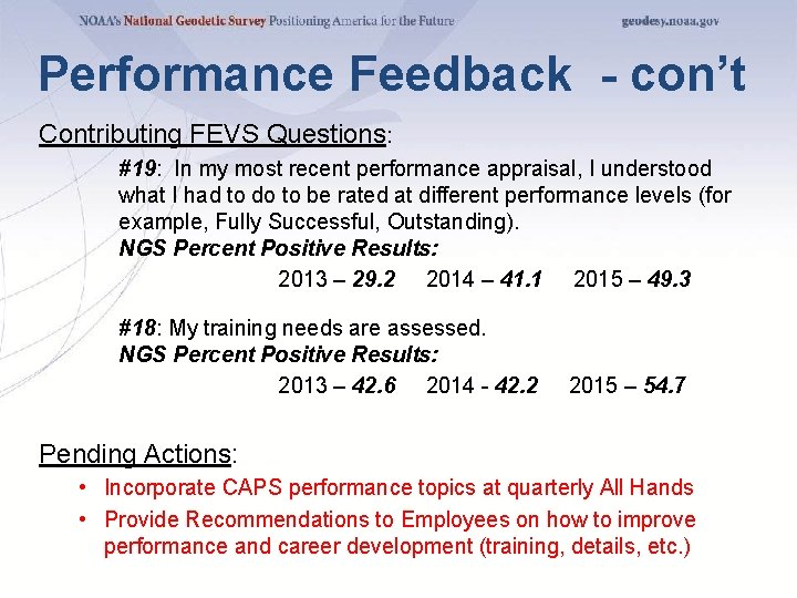 Performance Feedback - con’t Contributing FEVS Questions: #19: In my most recent performance appraisal,