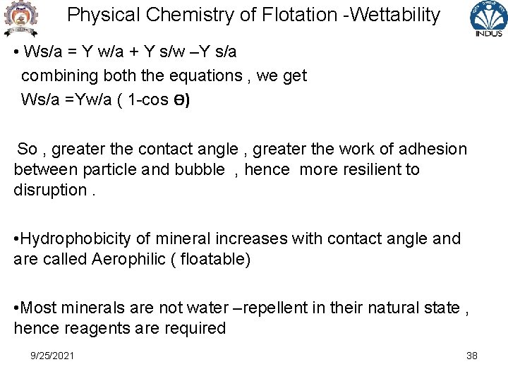 Physical Chemistry of Flotation -Wettability • Ws/a = Y w/a + Y s/w –Y
