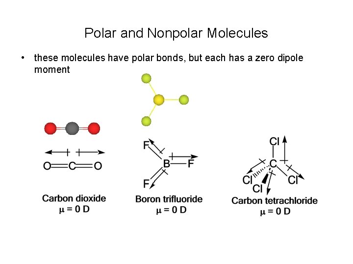 Polar and Nonpolar Molecules • these molecules have polar bonds, but each has a