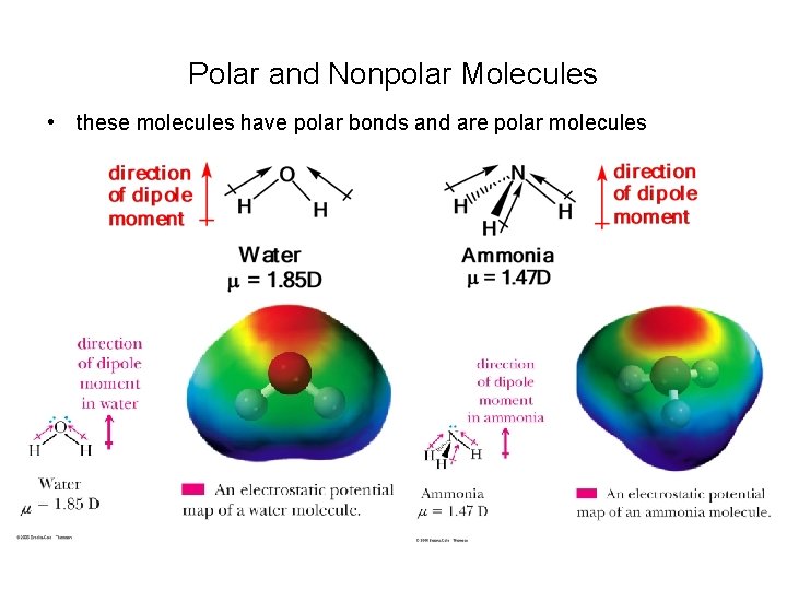 Polar and Nonpolar Molecules • these molecules have polar bonds and are polar molecules