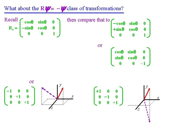 What about the R = - class of transformations? Recall Rz = cos sin
