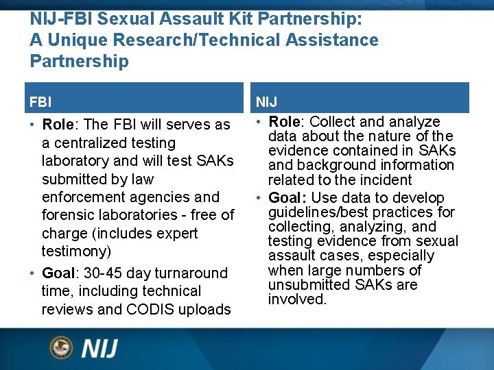 NIJ-FBI Sexual Assault Kit Partnership: A Unique Research/Technical Assistance Partnership FBI NIJ • Role: NIJ-FBI Sexual Assault Kit Partnership: A Unique Research/Technical Assistance Partnership FBI NIJ • Role: