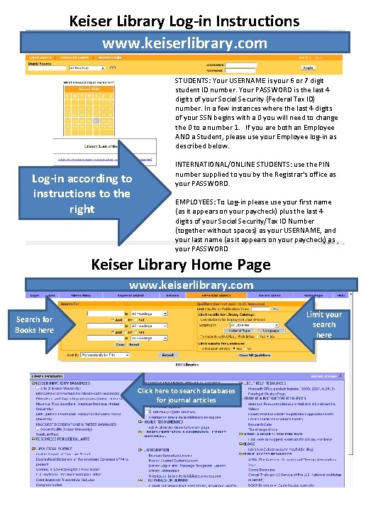 Keiser Library Log-in Instructions www. keiserlibrary. com STUDENTS: Your USERNAME is your 6 or