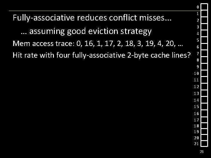 Fully-associative reduces conflict misses. . . … assuming good eviction strategy Mem access trace: