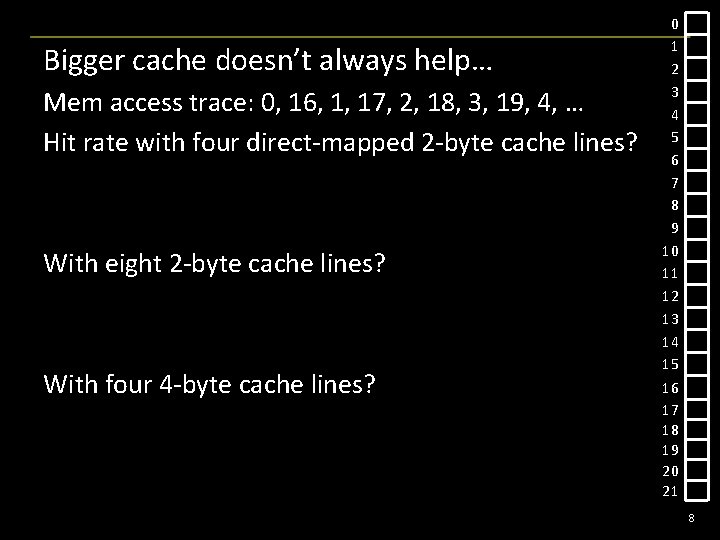 Bigger cache doesn’t always help… Mem access trace: 0, 16, 1, 17, 2, 18,