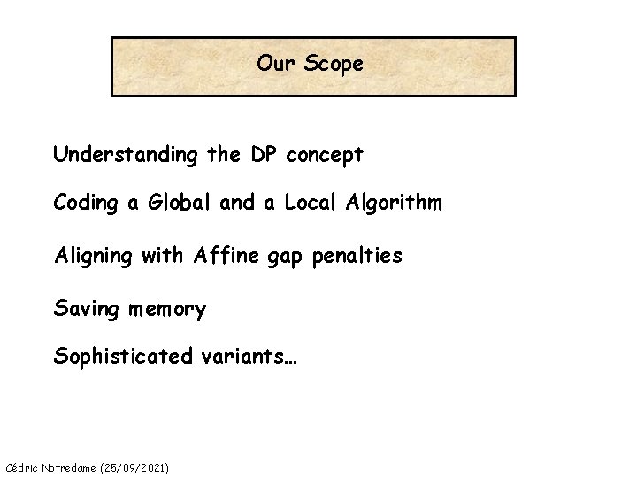 Our Scope Understanding the DP concept Coding a Global and a Local Algorithm Aligning