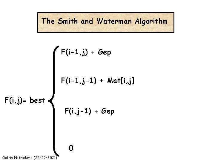 The Smith and Waterman Algorithm F(i-1, j) + Gep F(i-1, j-1) + Mat[i, j]