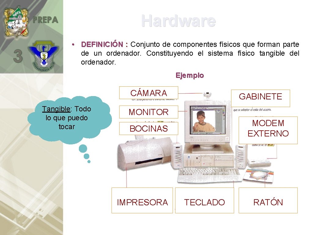 Hardware • DEFINICIÓN : Conjunto de componentes físicos que forman parte de un ordenador.