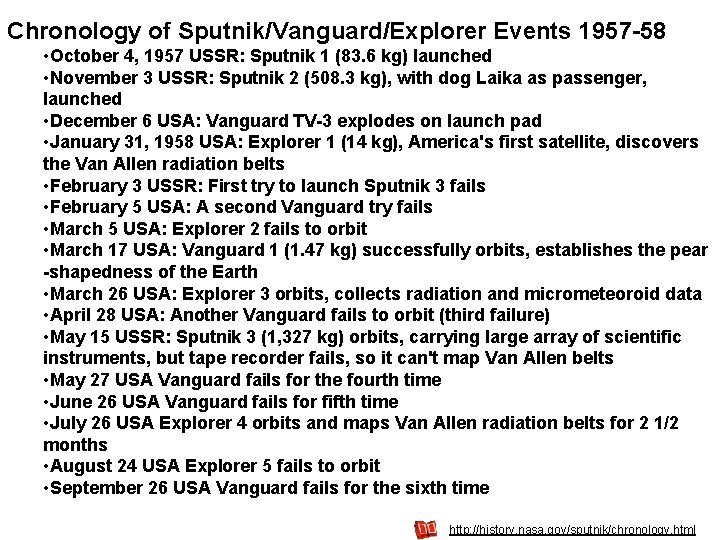 Chronology of Sputnik/Vanguard/Explorer Events 1957 -58 • October 4, 1957 USSR: Sputnik 1 (83.
