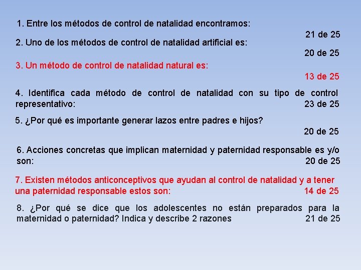 1. Entre los métodos de control de natalidad encontramos: 2. Uno de los métodos