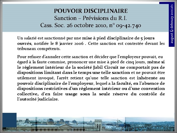 POUVOIR DISCIPLINAIRE Sanction – Prévisions du R. I. Cass. Soc. 26 octobre 2010, n°