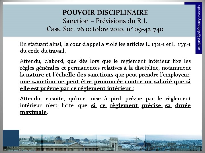 POUVOIR DISCIPLINAIRE Sanction – Prévisions du R. I. Cass. Soc. 26 octobre 2010, n°