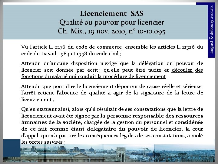 Licenciement -SAS Qualité ou pouvoir pour licencier Ch. Mix. , 19 nov. 2010, n°