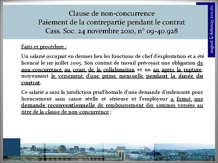 Clause de non-concurrence Paiement de la contrepartie pendant le contrat Cass. Soc. 24 novembre