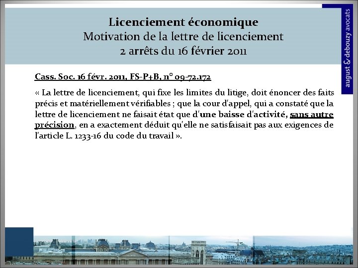 Licenciement économique Motivation de la lettre de licenciement 2 arrêts du 16 février 2011