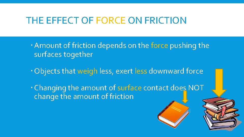 THE EFFECT OF FORCE ON FRICTION Amount of friction depends on the force pushing