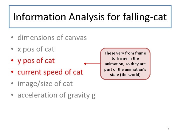 Information Analysis for falling-cat • • • dimensions of canvas x pos of cat